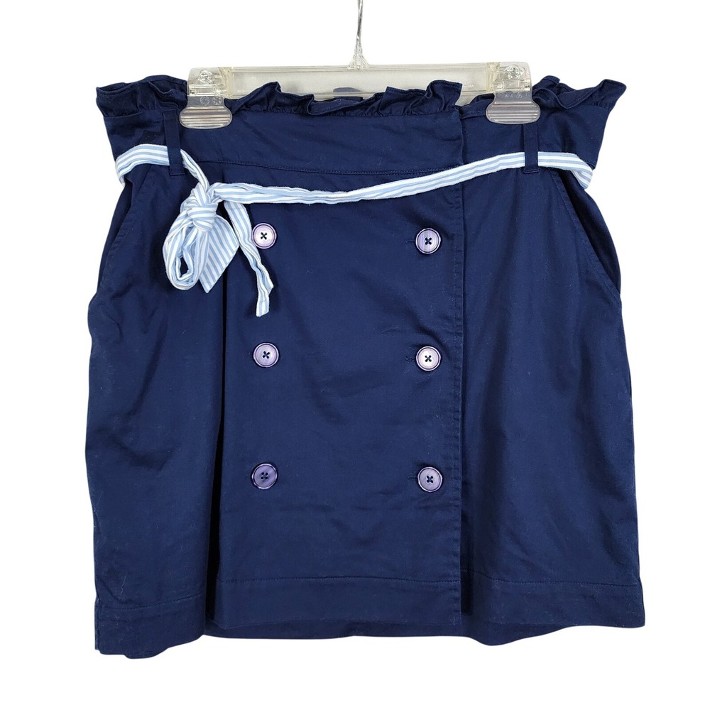 CROWN & IVY Size 8 Navy Blue Cotton Stretch Belted Wrap Skirt‎ w/ Pockets EUC